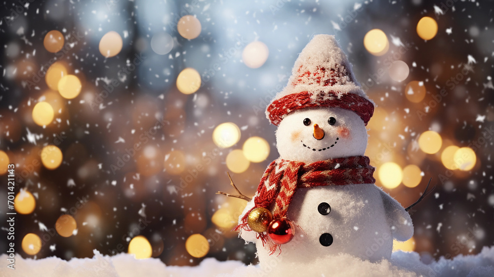 snowman decorated for christmas, small snowman figurine on a snowy background, happy snowman for winter holidays christmas tree and lights in the background, bokeh, raining light, snow and snowflakes 