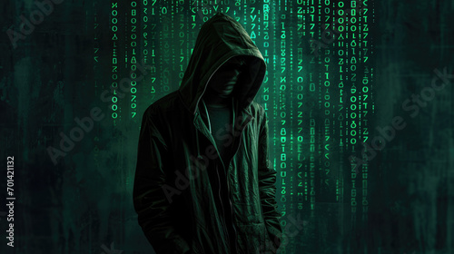 Shadowy figure in a hooded jacket standing against a backdrop of digital data code