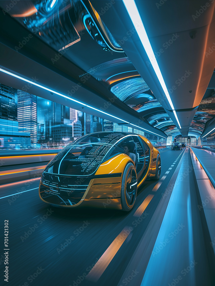 Positioned at the forefront of self-driving technology, this image captures a person comfortably traveling in a self-driving car through a smart city. 