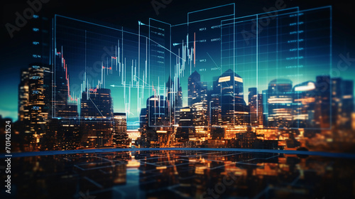 Stock market business concept with financial chart on screen and metropolis. Investment and trading background 