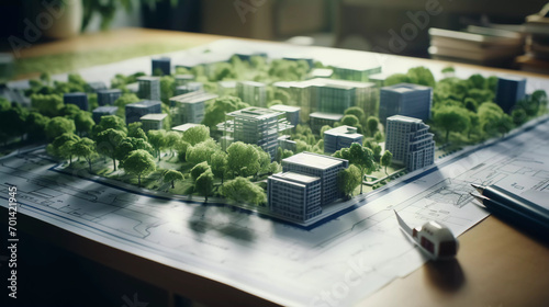 Sustainable eco house blueprint was placed on meeting table with architectural paper work scatter around during skilled architect discussion about green design of green city. Closeup  photo
