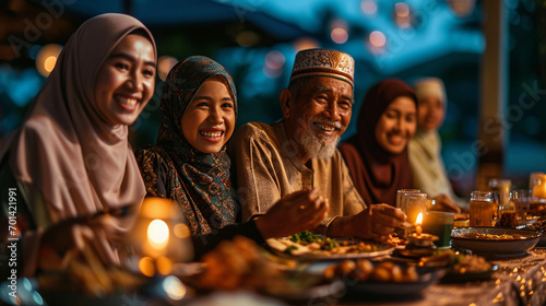 Muslims family breaking their fast during Ramadan, family at dinner photo