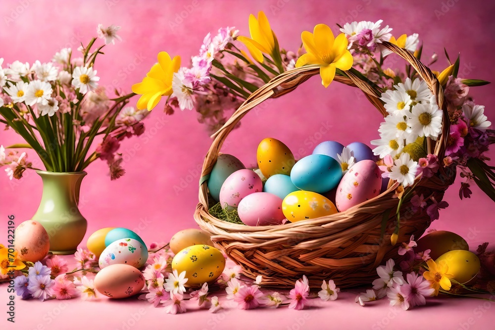 easter eggs in basket with flowers