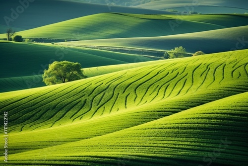 Springtime in South Moravia, Czech Republic: picturesque rural landscape with lush green fields and rolling hills, perfect as a textured background.