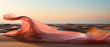 On background Ocean, sandy beach and very large fabric, transparent fabrics with draping and flying pastel tones, soft blue and pink color fabric.