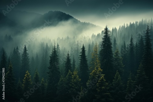 Misty landscape with fir forest in hipster vintage retro style © Werckmeister