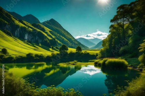 Mountain, Hill, Landscape, Beautiful Wallpaper, Water, Green, Blue, Green, Grass, Tree, Blue Sky, Yellow, Pond, Lake, River, Large, Full HD, 4k, 8k, Large image, Nice Photography. 