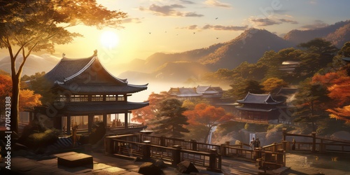 Visualize a traditional China during the peak of its prosperity, with a radiant sunbeam piercing through, creating a vivid and photorealistic scene that transports you to a bygone era.
