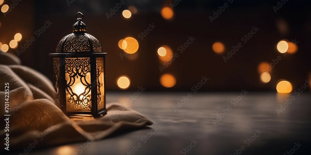 Ornamental Arabic lantern with burning candle glowing at night. Festive greeting card, invitation for Muslim holy month Ramadan Kareem. - obrazy, fototapety, plakaty 