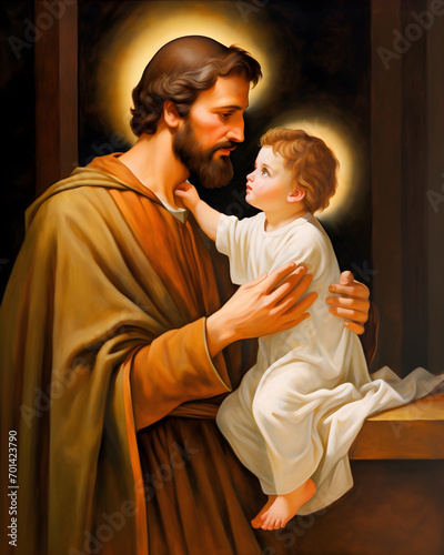 Saint Joseph hugging baby Jesus, Son of God, Christmas nativity scene