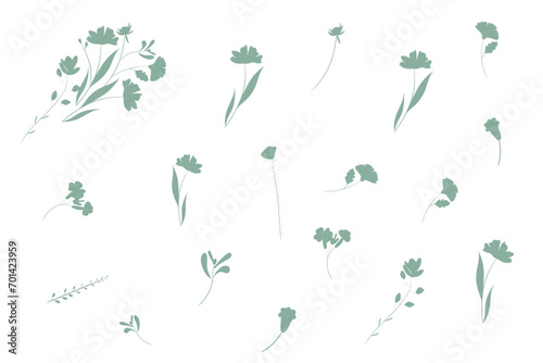 Hand drawn botanical silhouette of branches  flowers and leaves. Vector illustration