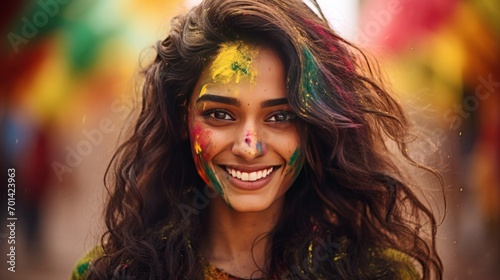 Happy indian young girls celebrating holi festival in colorful powders at sunny day. AI generated