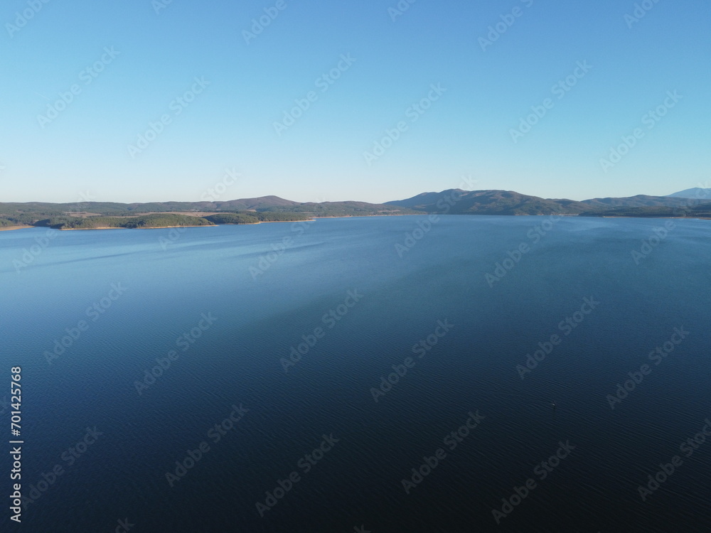 Aerial view of the pristine Iskar reservoir near Sofia, Bulgaria with Balkan mountains in the background