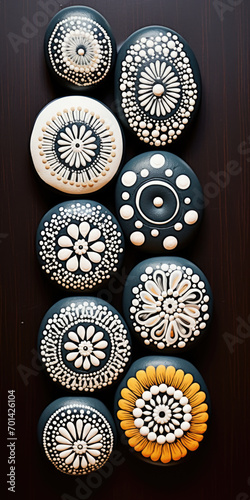 A group of painted rocks sitting on top of a wooden table Painting mandala pattern with various colors, art therapy.