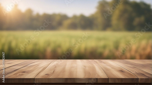 empty wooden table front view, blurred nature background
