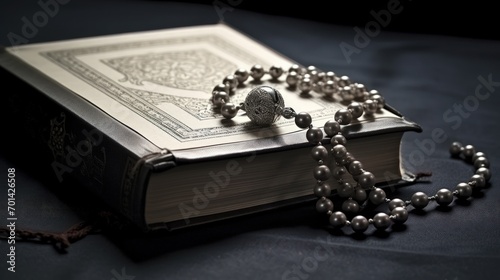 Closeup a holy quran arabic texy with rosary beads on dark background. Generate AI image