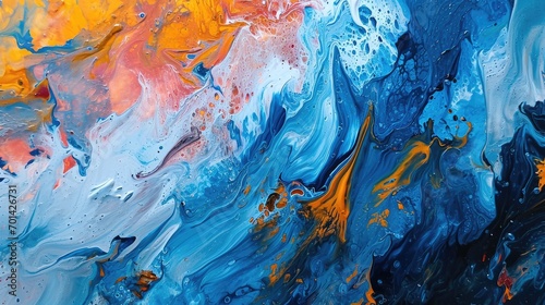 Abstract background of acrylic paint in blue, orange and yellow tones.