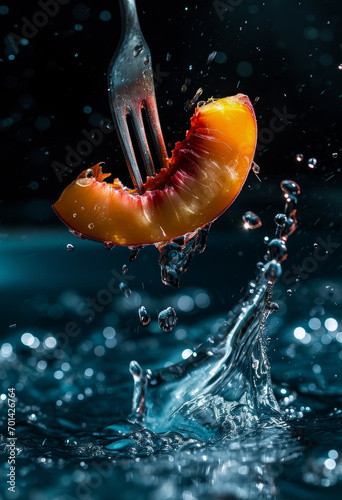 Slice of peach skewered on a fork