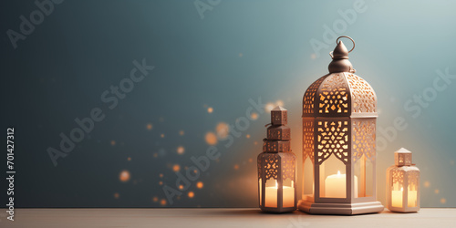 Islamic background, Gift box, lantern, Ramadan Kareem background banner. Islamic Greeting Cards for Muslim Holidays and Ramadan, A lantern hangs, Generative Ai