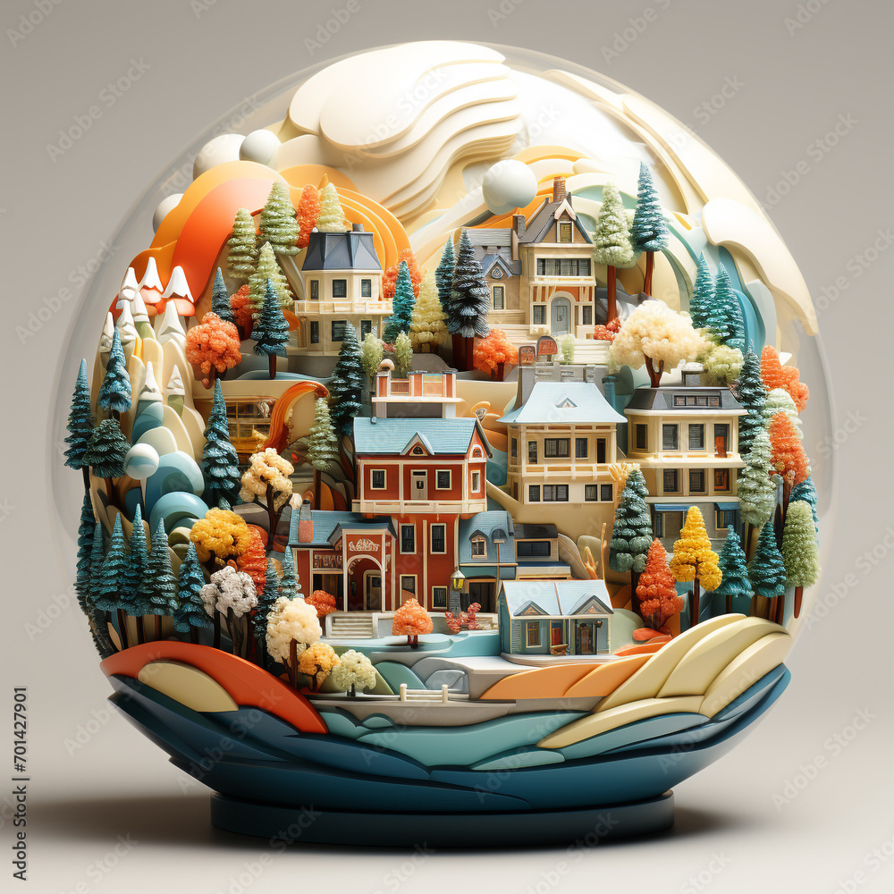Obraz premium One snow globe containing some buildings and tree
