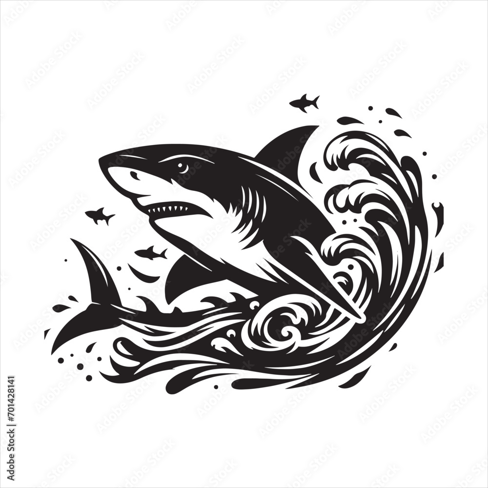 Fototapeta premium Stellar Sentinel: Watchful Shark Silhouette Guarding Celestial Serenity - Shark Black Vector Stock 