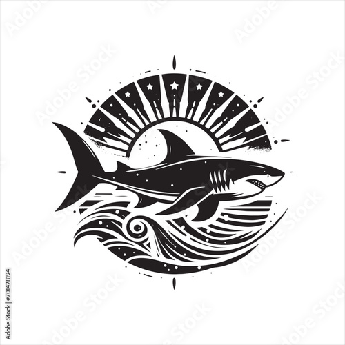 Lunar Lurker: Shark Silhouette Stealthily Patrolling Moonlit Waters - Shark Black Vector Stock

