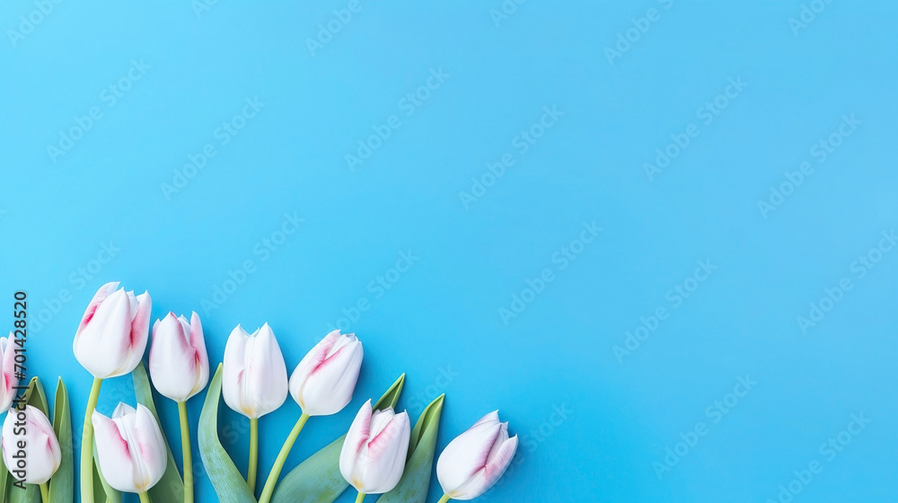 Pink tulips on blue background, banner, postcard for woman, blank space for text on the top