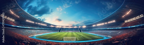 Ultra-modern stadium soccer stadium during daylight panorama scene.