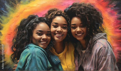 Hyper-realistic digital collage, Explore the dynamics of friendship with hyper-realistic depictions of two friends, one black and one fair, capturing the essence of their unique connection in a visual photo