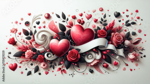 Valentine's Day themed design decoration, colorful flowers and heart-shaped balloons, creating a lively and joyful explosion of Valentine's Day celebration and love.