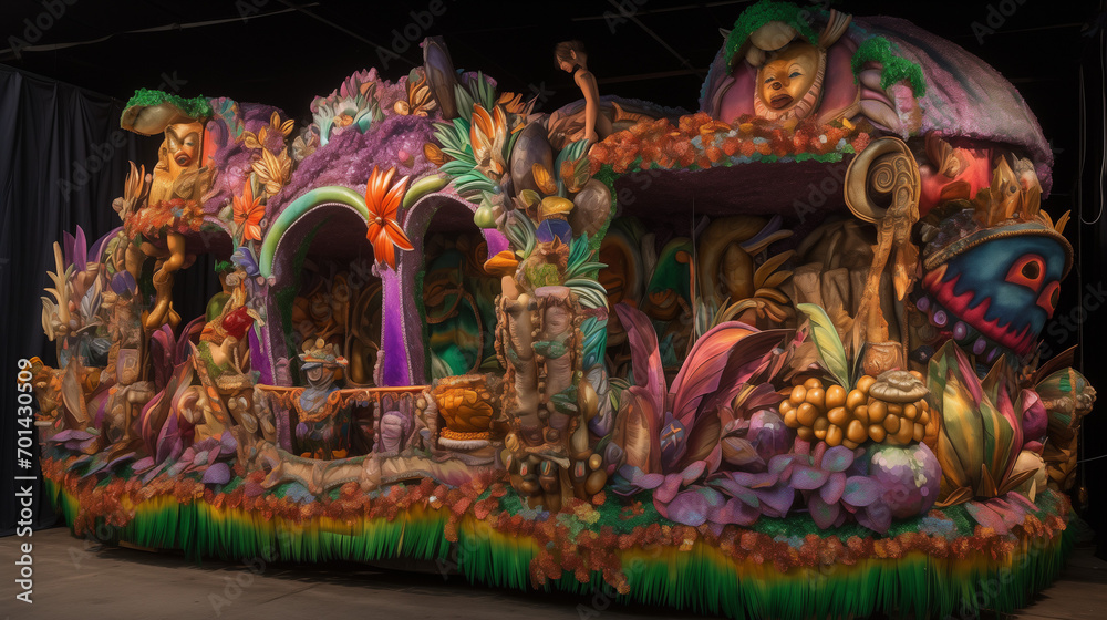 mardi gras parade, with a colorful and elaborate float passing by, Lively Mardi Gras scene with masked revelers dancing amid floating, Generative Ai