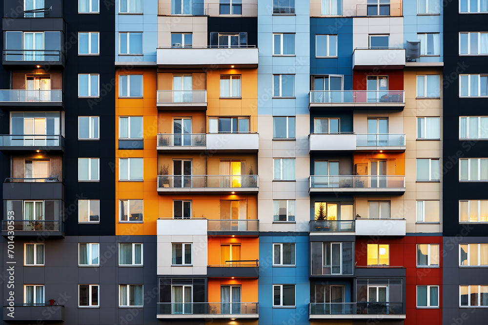 Multi-colored windows of a high-rise building