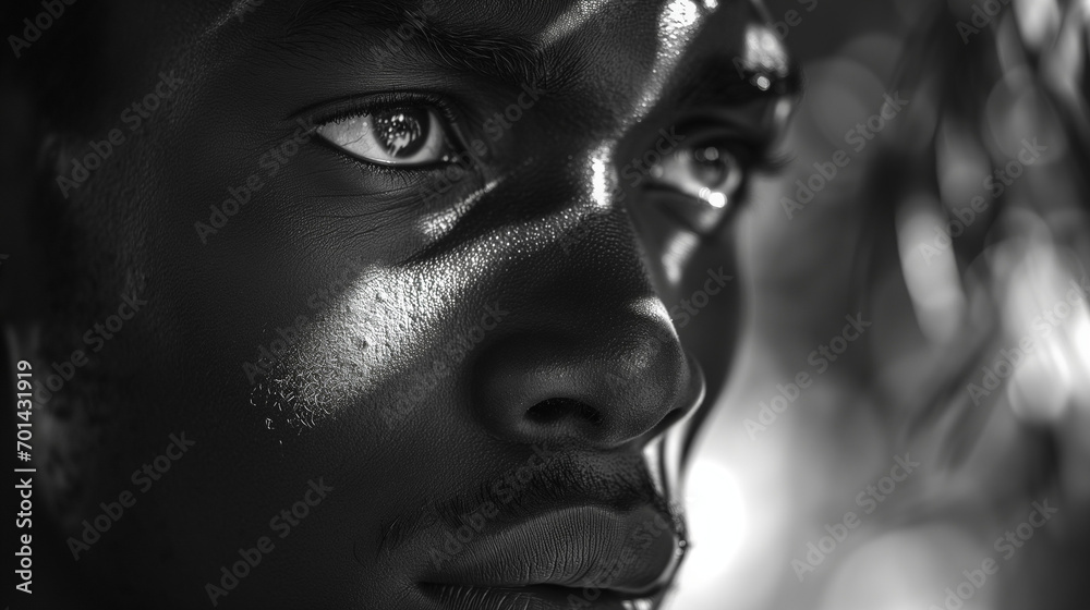 A black and white photo of black beauty with expressive eyes. A black and white photo of black beauty with expressive eyes.