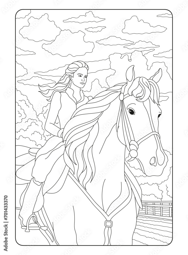 Girl rider and horse. Black and white coloring page for children and adults.
