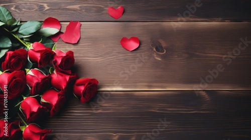 A gift box with red rose flowers bouquet above on dark wooden table. Generate AI image #701433541
