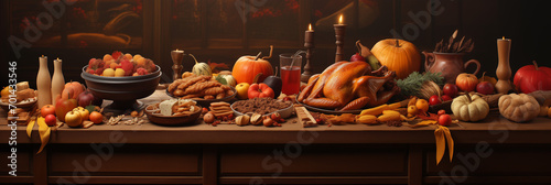 Thanksgiving background decoration from dry leaves,red berries and pumpkin on blackboard background. Flat lay, top view for Autumn, fall, Thanksgiving, Thanksgiving day , generative ai