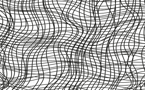 Illustration of a black fishing or football net.Checkered wavy background in doodle style.