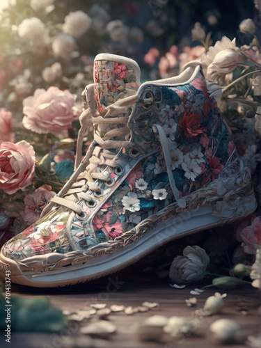 old boots on the wall, Floral artistic image of sneaker. UHD drawing, pen and ink, perfect composition, beautiful detailed intricate insanely detailed octane render trending ,  AI generated