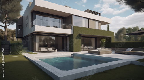 Modern house with pool, Exterior of modern minimalist cubic villa, Abstract architectural concrete and white interior of a minimalist house, 3d render, modern minimal background. Generative Ai © HayyanGFX