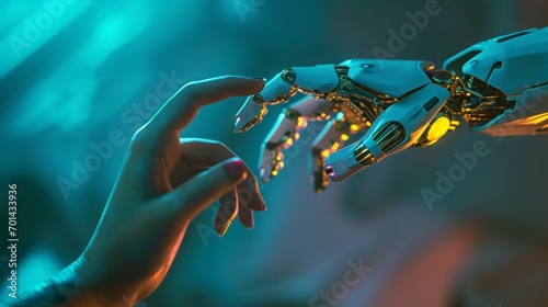 a hand reaching out to a robotic hand, in the style of neon realism, realistic human figures, futuristic --ar 25:14 --v 6 Job ID: d3095cf0-edc2-438f-9858-5f25b22ef743