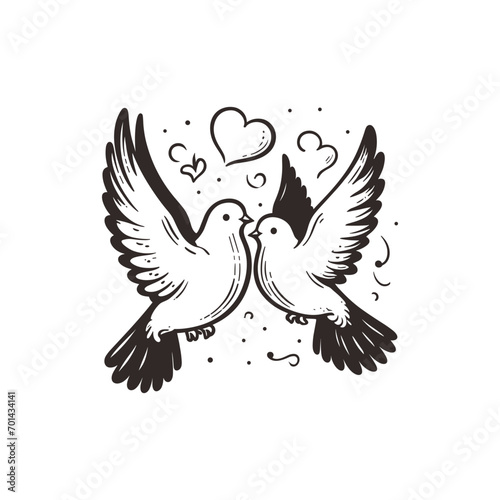 two doves kissing with heart, black and whithe vector photo