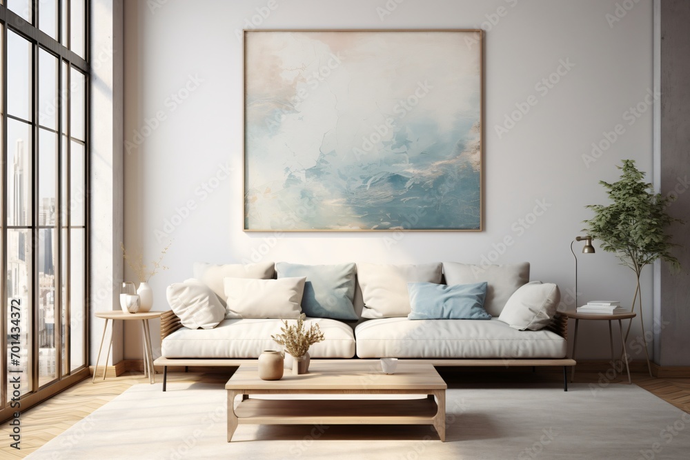 A luxurious white sofa in a spacious apartment living room - obrazy, fototapety, plakaty 