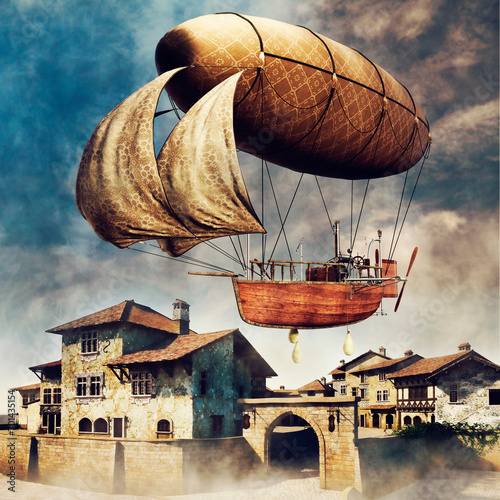 Fantasy scene with a flying ship over buildings in a medieval town . Made from 3d elements and painted parts. No AI used. 