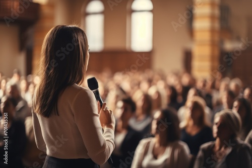 unrecognizable woman with unrecognizable back giving a talk at a meeting photo