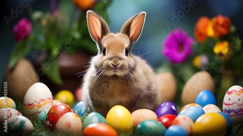 Easter bunny with surrounded many colorful Easter eggs on grass with blur background. AI generated © Leafart