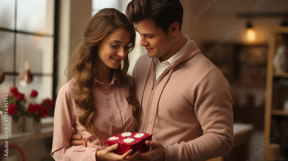 A woman surprising her partner with a homemade Valentine's Day gift, Appearance: Wearing a casual outfit with a cute apron, Style: Sweet and charming with Valentine's Day decor, Colors: Red and pink w A woman surprising her partner with a homemade Valentine's Day gift, Appearance: Wearing a casual outfit with a cute apron, Style: Sweet and charming with Valentine's Day decor, Colors: Red and pink w