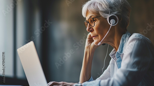 ヘッドセットを付けた高齢女性がパソコンを使っているシーン