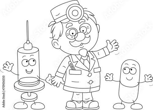 Good doctor in a hospital gown friendly smiling and waving in greeting with a funny syringe and tablet, black and white vector cartoon illustration for a coloring book