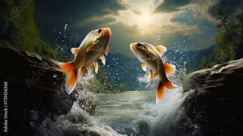 Fish in a spectacular jump, reaching high heights in the waterfall photo