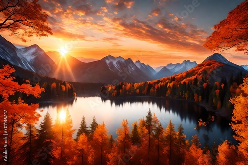 Visualize an Autumn sunrise over mountains that transcends reality, a scene where the perfect lighting paints a picture 